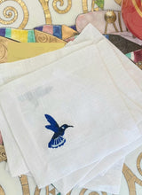 Load image into Gallery viewer, Embroidered Blue Colibri Linen Cocktail Napkins - Set of 6